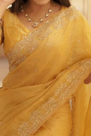 Golden Silk Blend Saree Accented with Sparkling Sequin Embellished