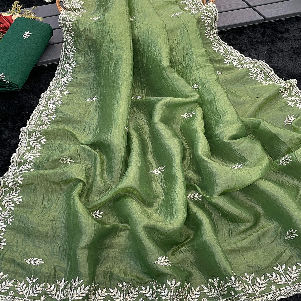 Green Party Wear Art Silk Saree with Fine Embroidery