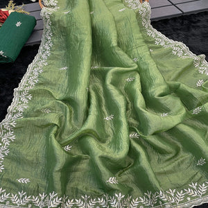 Green Party Wear Art Silk Saree with Fine Embroidery