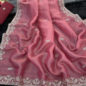 Peach Party Wear Art Silk Saree with Fine Embroidery
