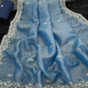 Sky Blue Party Wear Art Silk Saree with Fine Embroidery