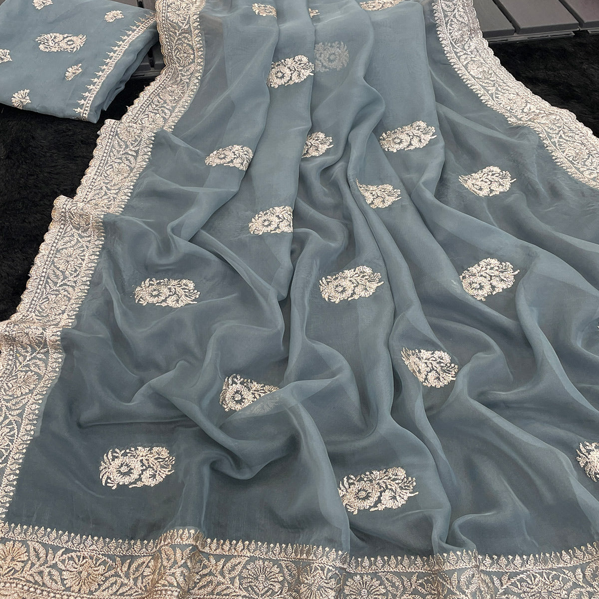 Grey Saree in Organza with Intricate Floral Embroidery