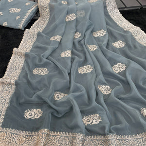 Grey Saree in Organza with Intricate Floral Embroidery