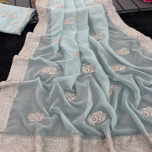 Sky Blue Saree in Organza with Intricate Floral Embroidery