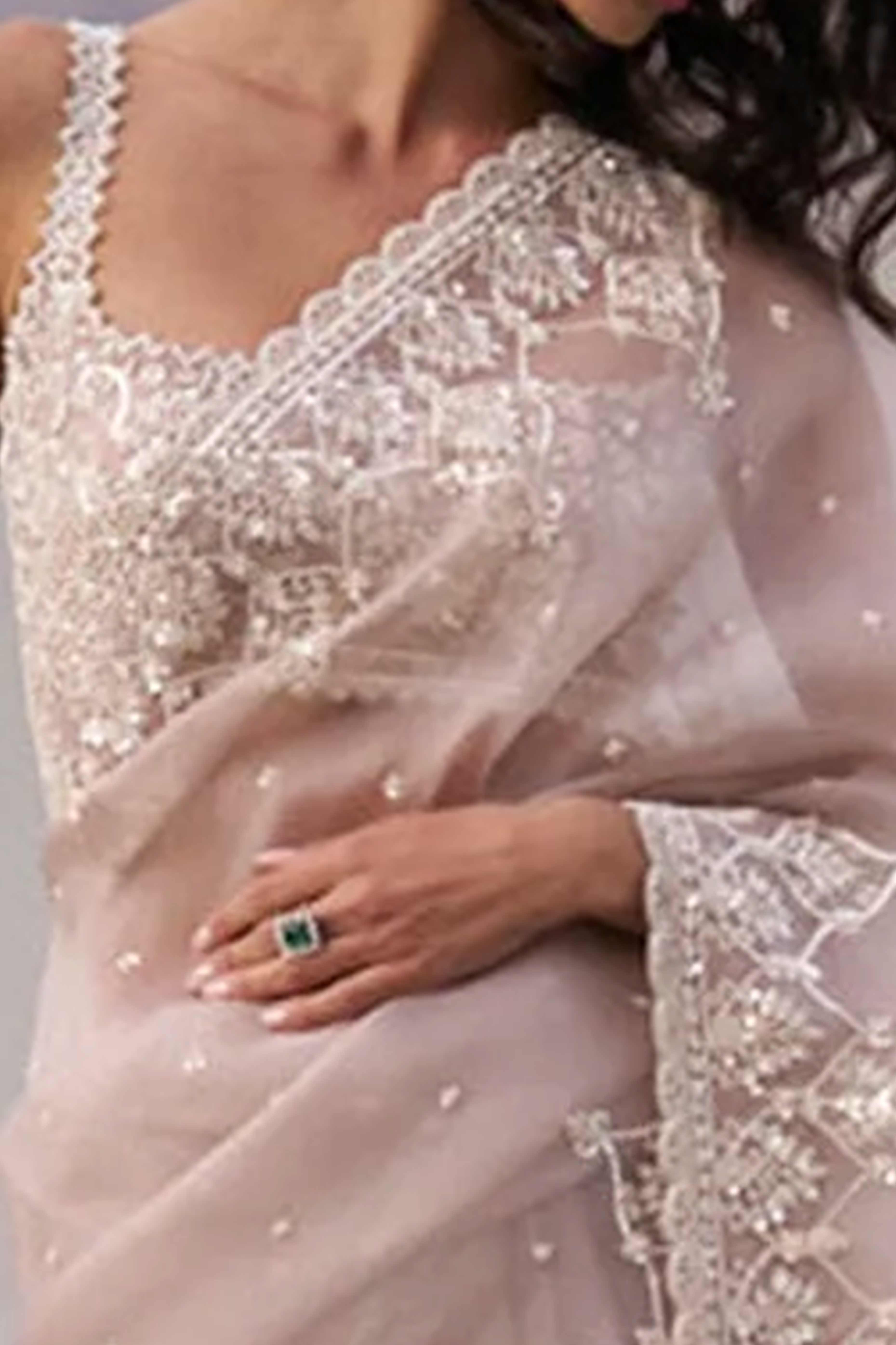 Peach Organza Saree Enhanced with Elegant Sequins Embroidery