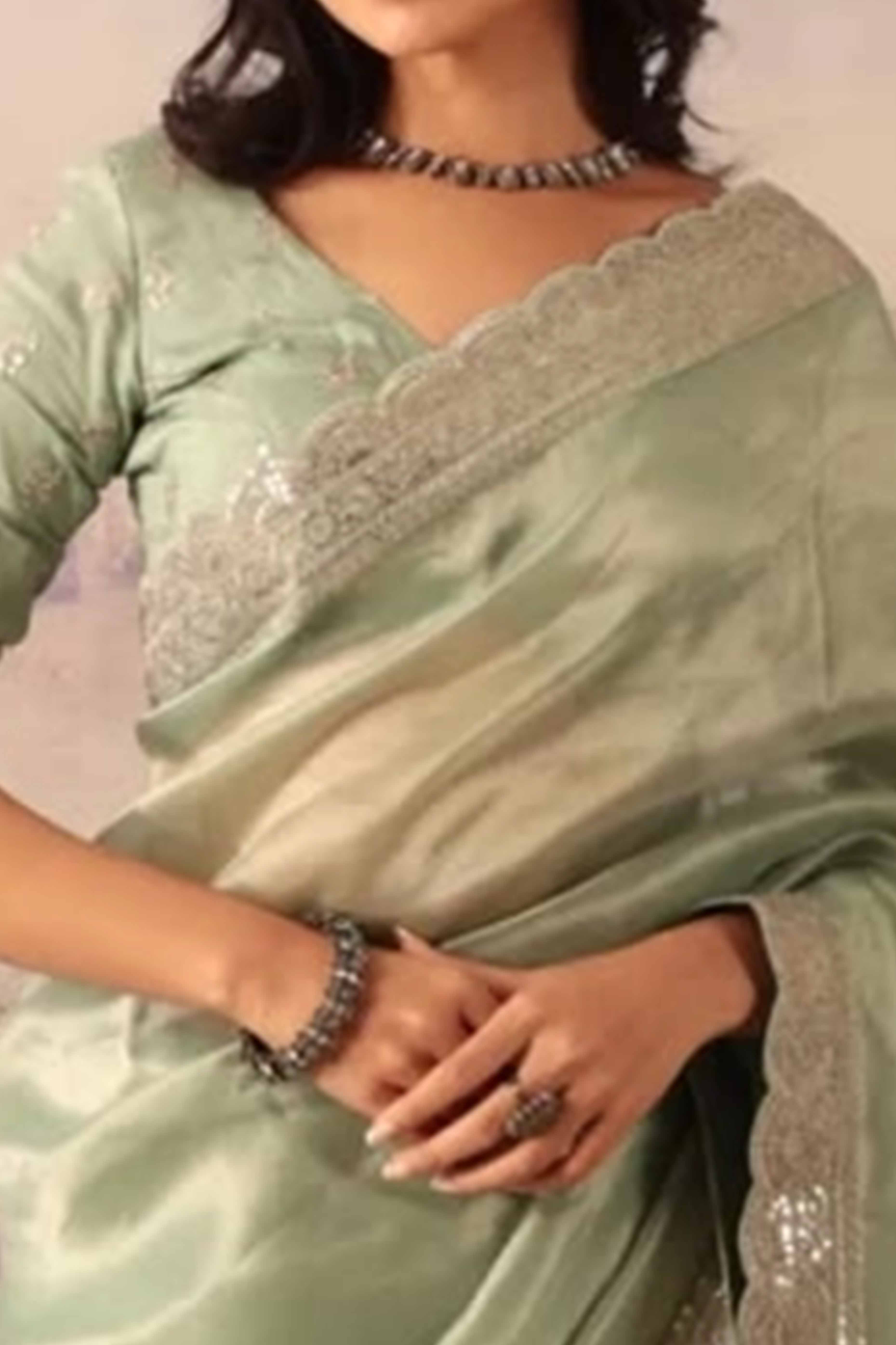 Designer Mint Green Tissue Saree with Sequins Embroidery on Border