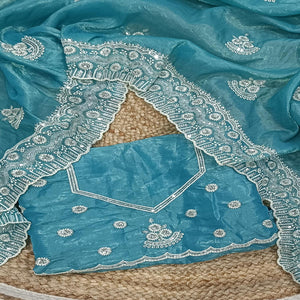 Blue Cotton Blend Saree With Intricate Floral Thread Embroidery & Sparkling Sequins