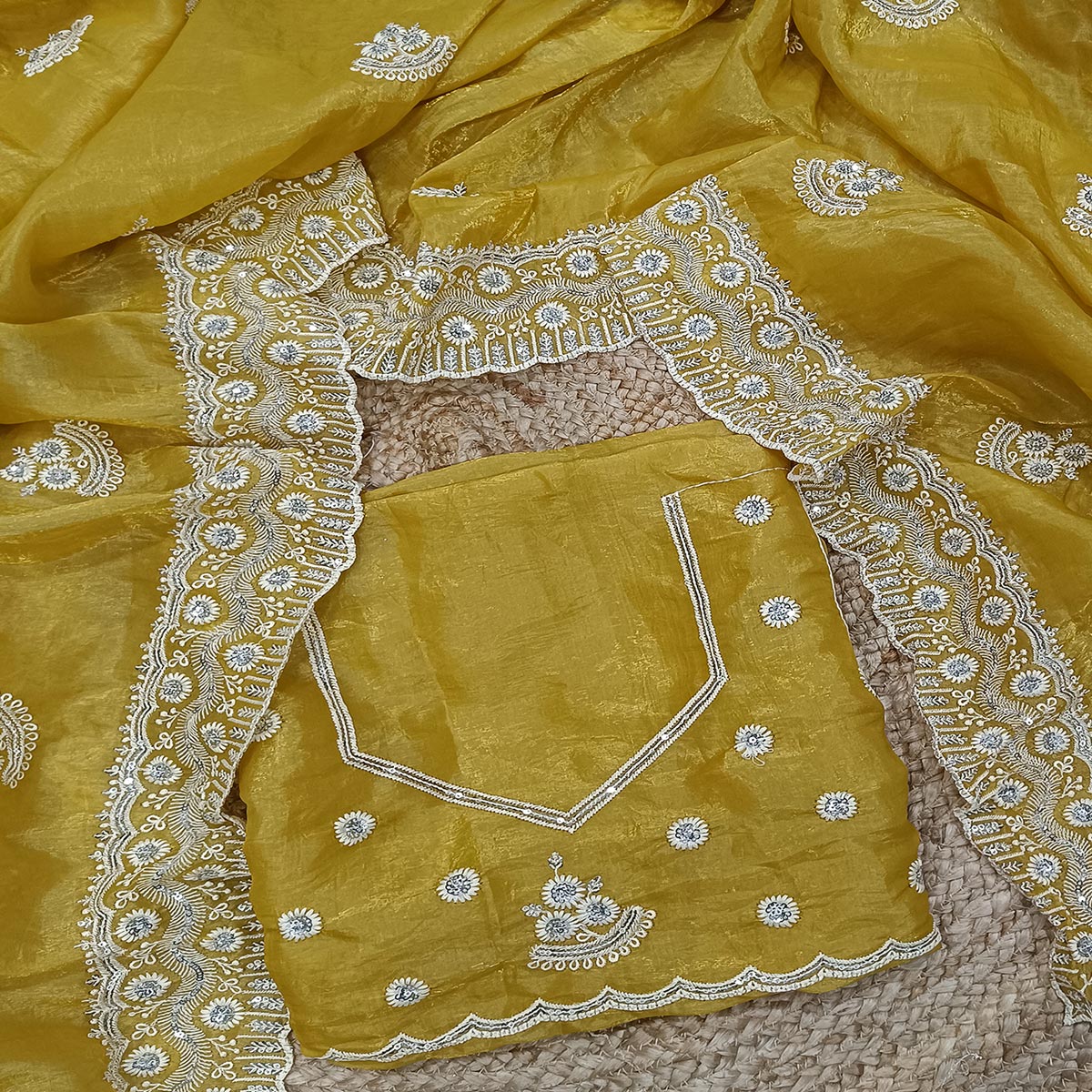 Mustard Cotton Blend Saree With Intricate Floral Thread Embroidery & Sparkling Sequins