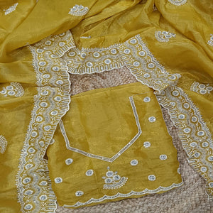 Mustard Cotton Blend Saree With Intricate Floral Thread Embroidery & Sparkling Sequins