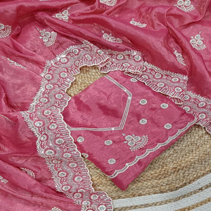 Pink Cotton Blend Saree With Intricate Floral Thread Embroidery & Sparkling Sequins