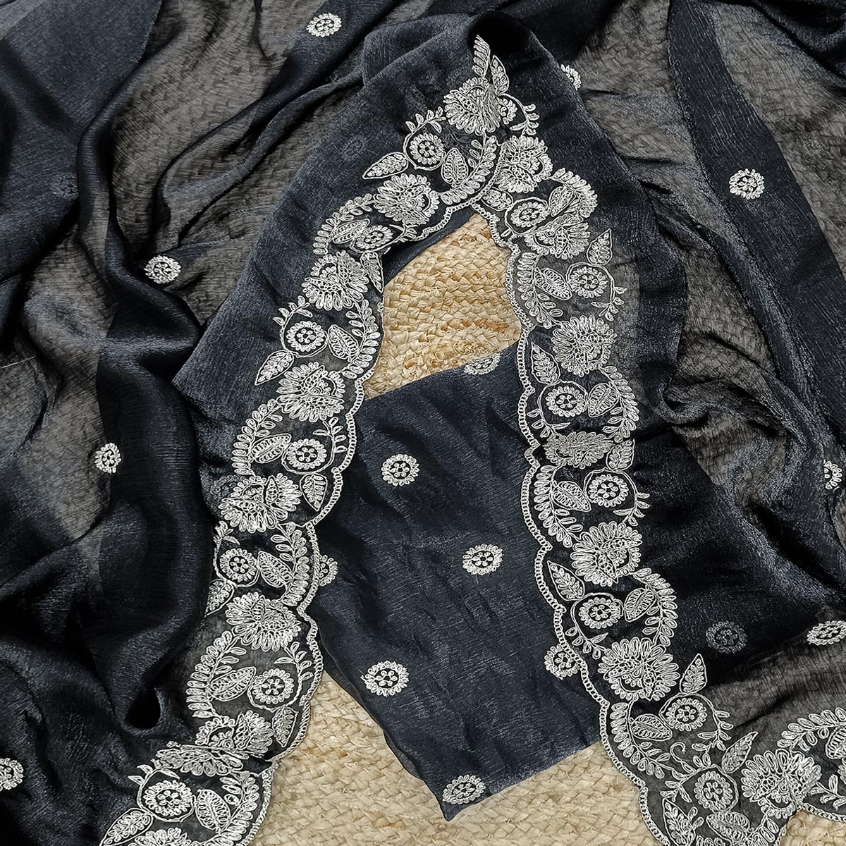 Black Satin Silk Saree Accented With Intricate Floral Cording Embroidery