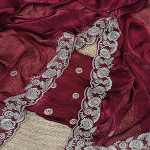 Maroon Satin Silk Saree Accented With Intricate Floral Cording Embroidery