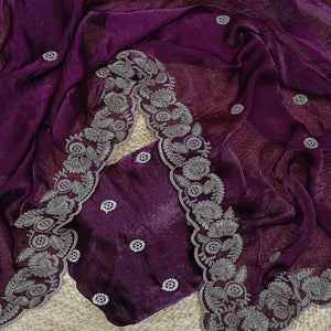 Wine Satin Silk Saree Accented With Intricate Floral Cording Embroidery