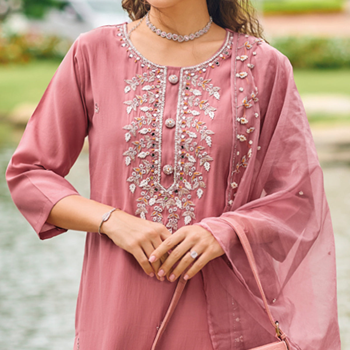 Mauve Floral Embroidered Cotton Silk Suit