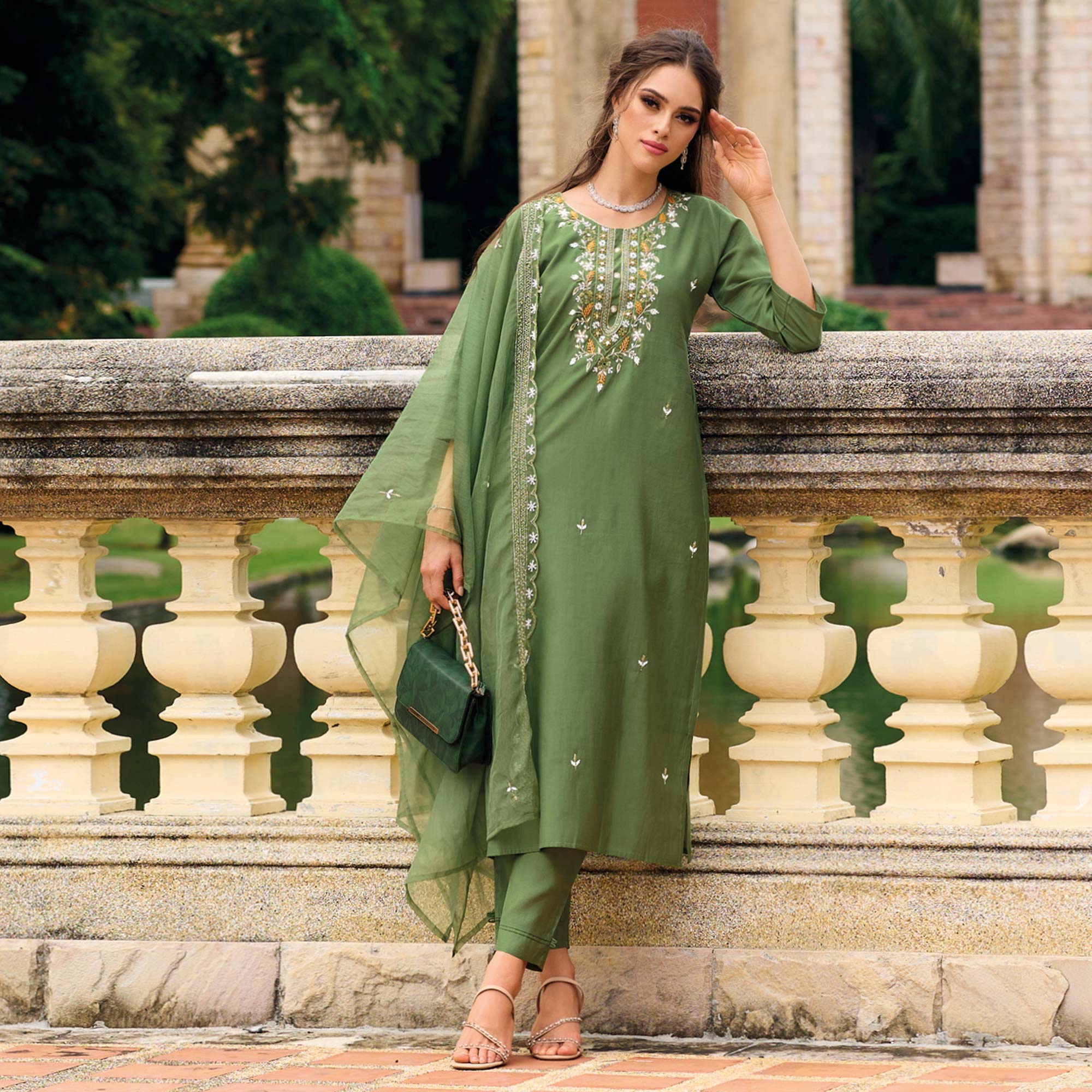 Green Floral Embroidered Cotton Silk Suit