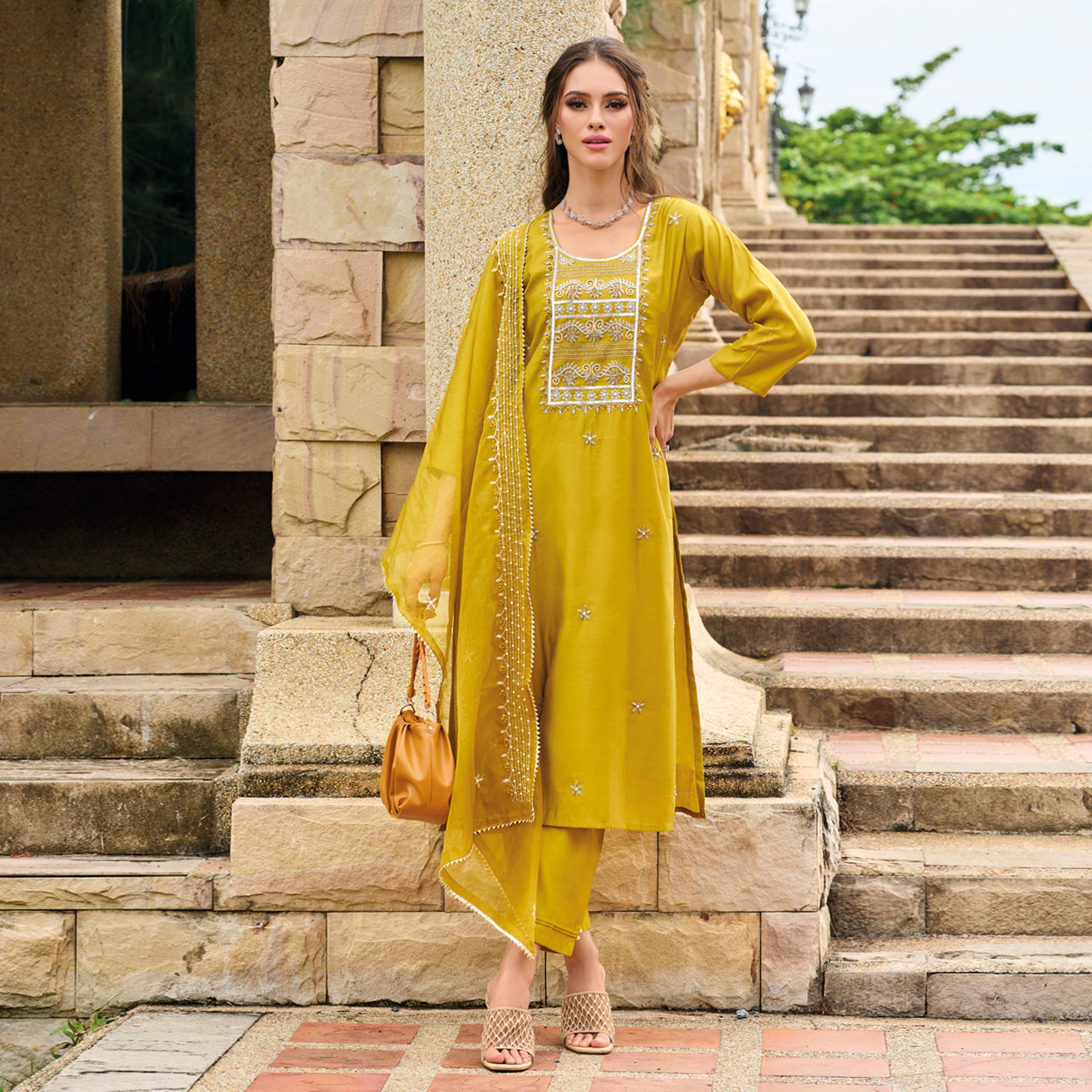 Mustard Floral Embroidered Cotton Silk Suit