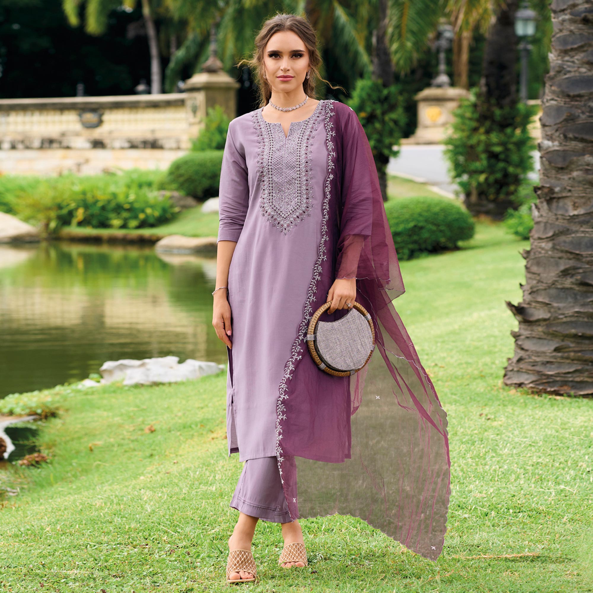 Lavender Floral Embroidered Cotton Silk Suit