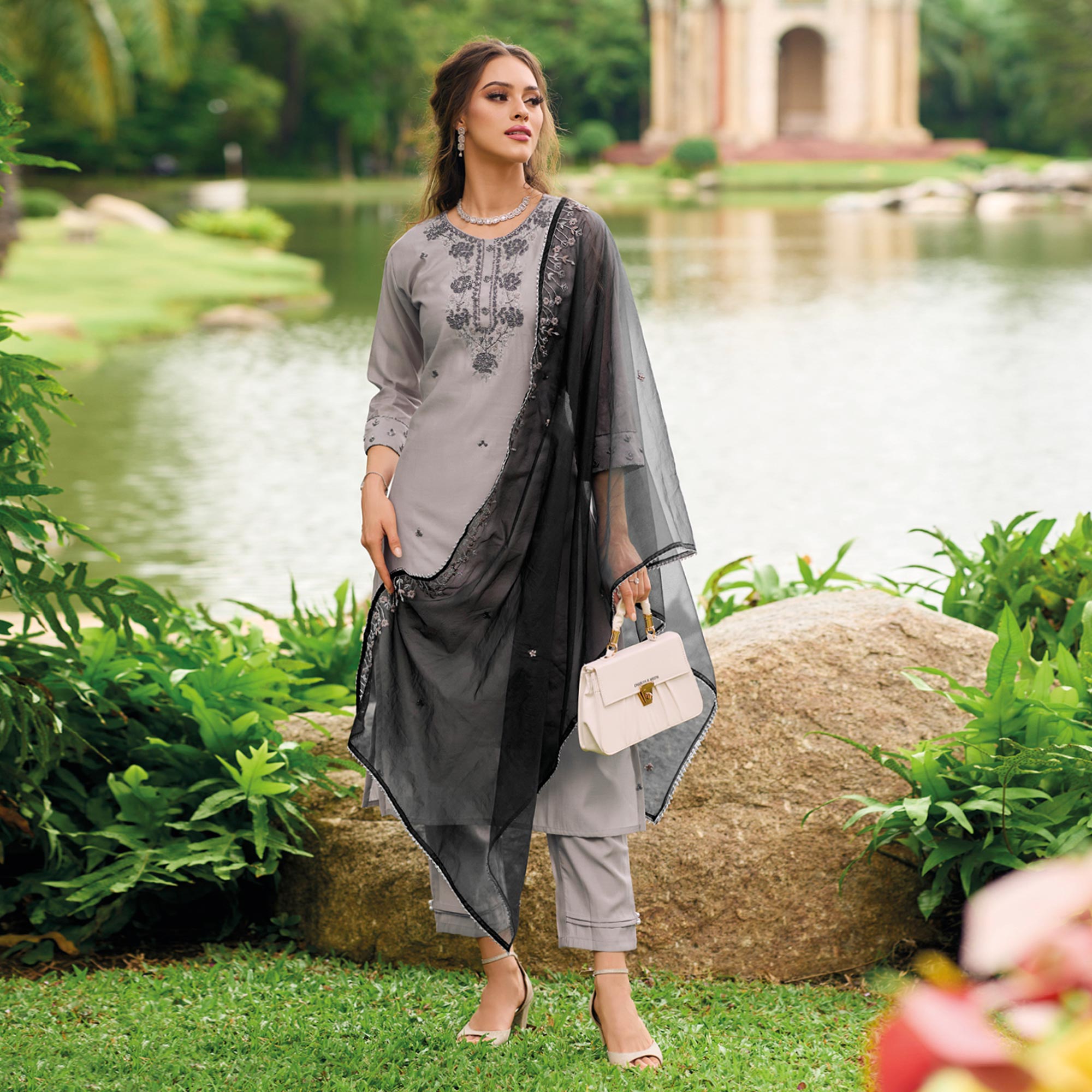 Grey Floral Embroidered Cotton Silk Suit