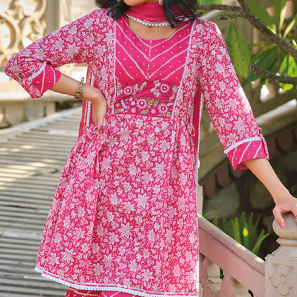 Pink Floral Printed Pure Cotton Sharara Suit