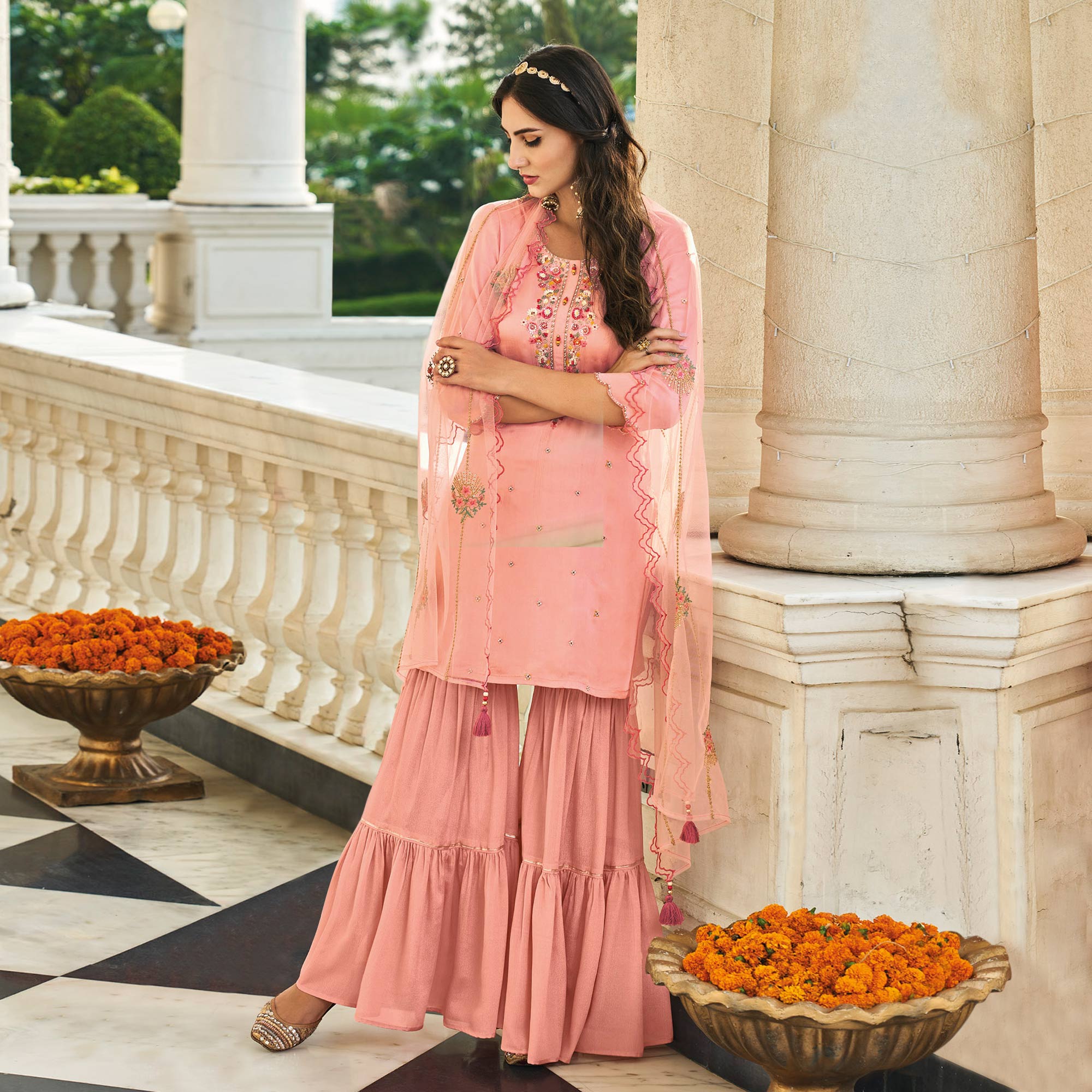 Peach Embroidered Chinon Sharara Suit