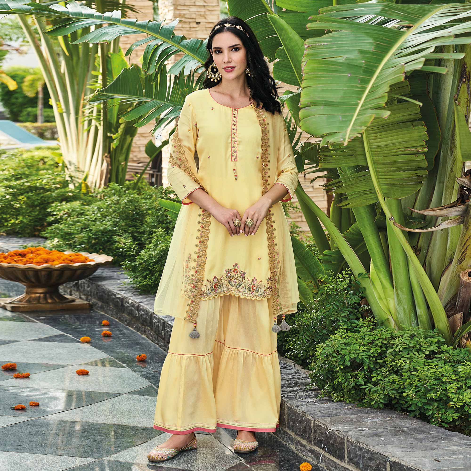 Yellow Embroidered Chinon Sharara Suit