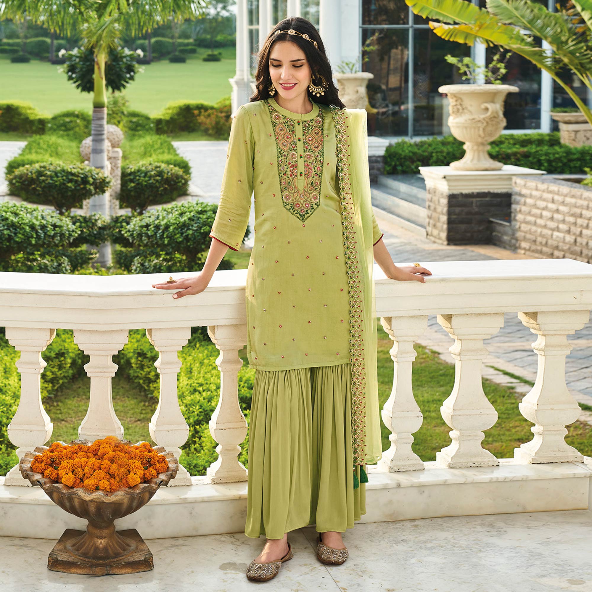 Green Embroidered Chinon Sharara Suit