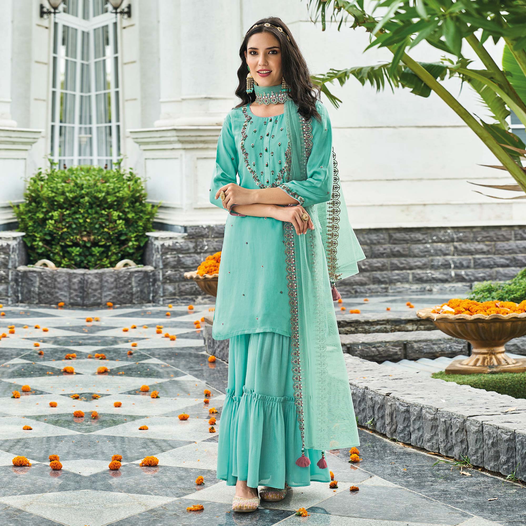 Turquoise Embroidered Chinon Sharara Suit