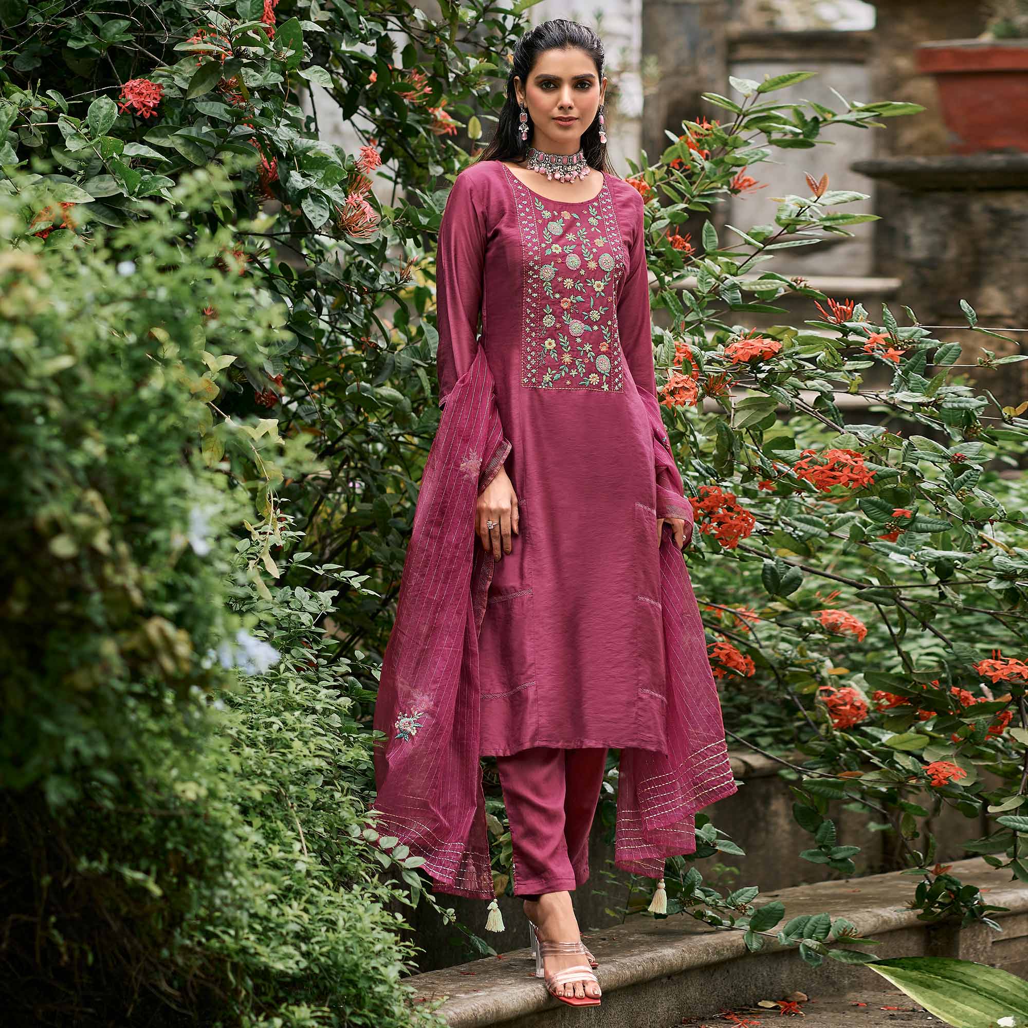 Pink Floral Embroidered Cotton Silk Suit