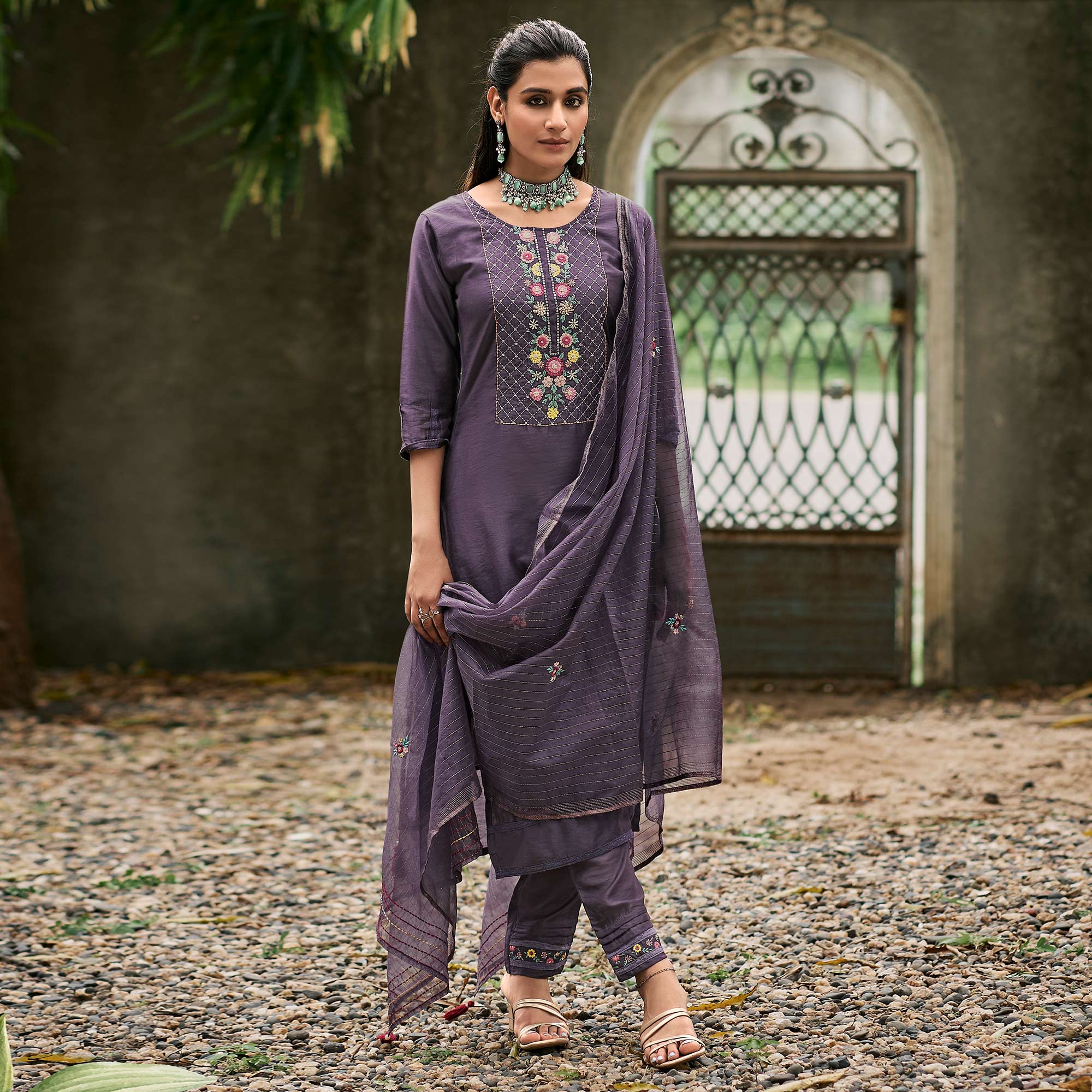 Purple Floral Embroidered Cotton Silk Suit