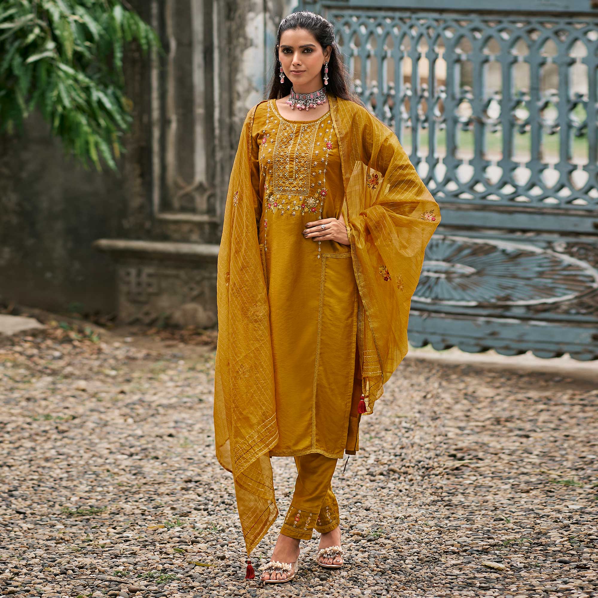 Mustard Floral Embroidered Cotton Silk Suit