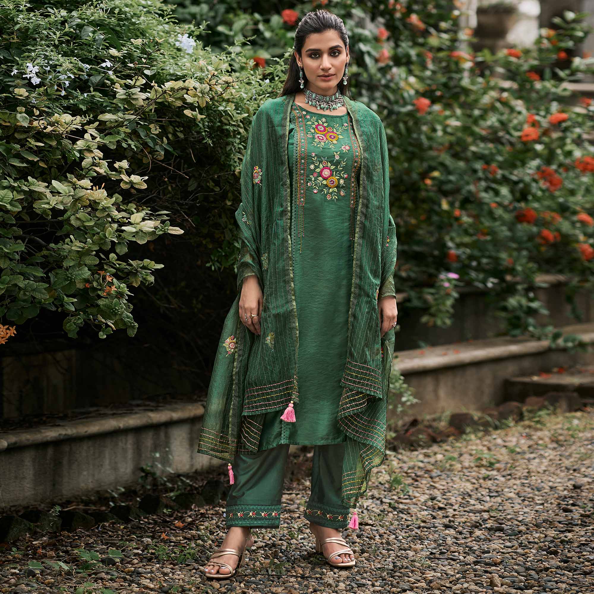 Green Floral Embroidered Cotton Silk Suit