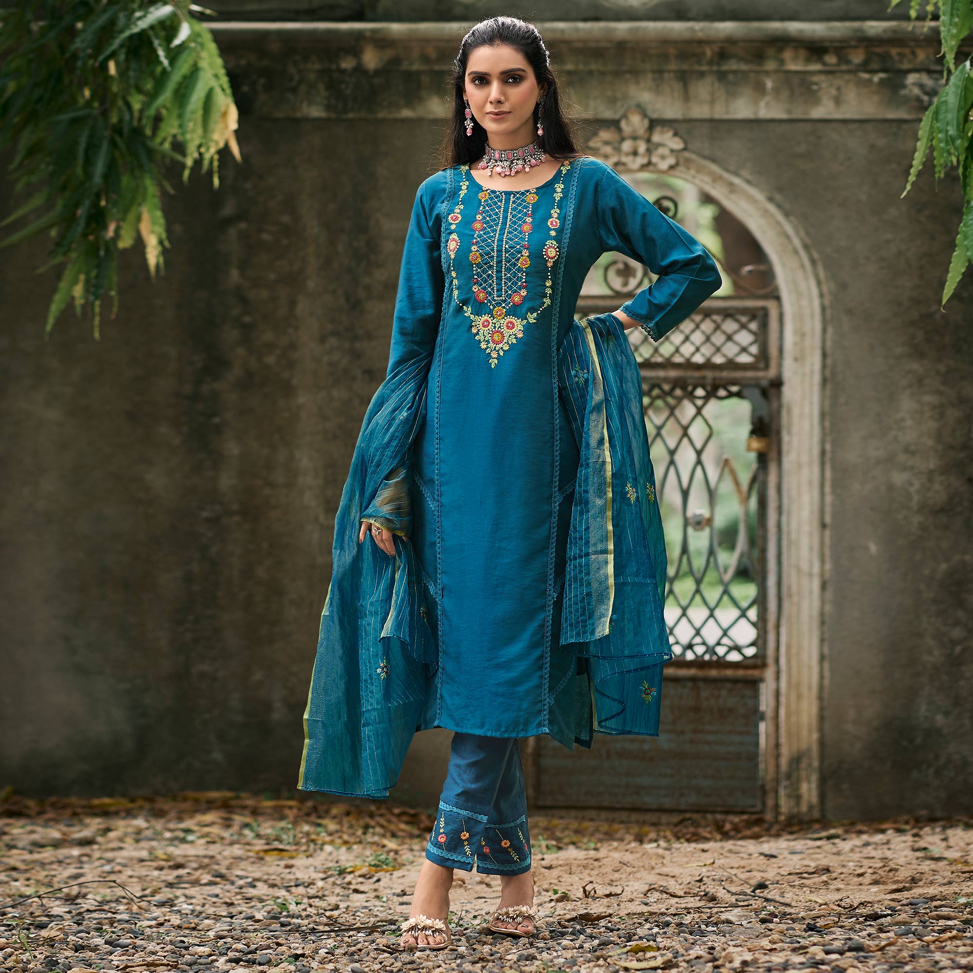 Blue Floral Embroidered Cotton Silk Suit