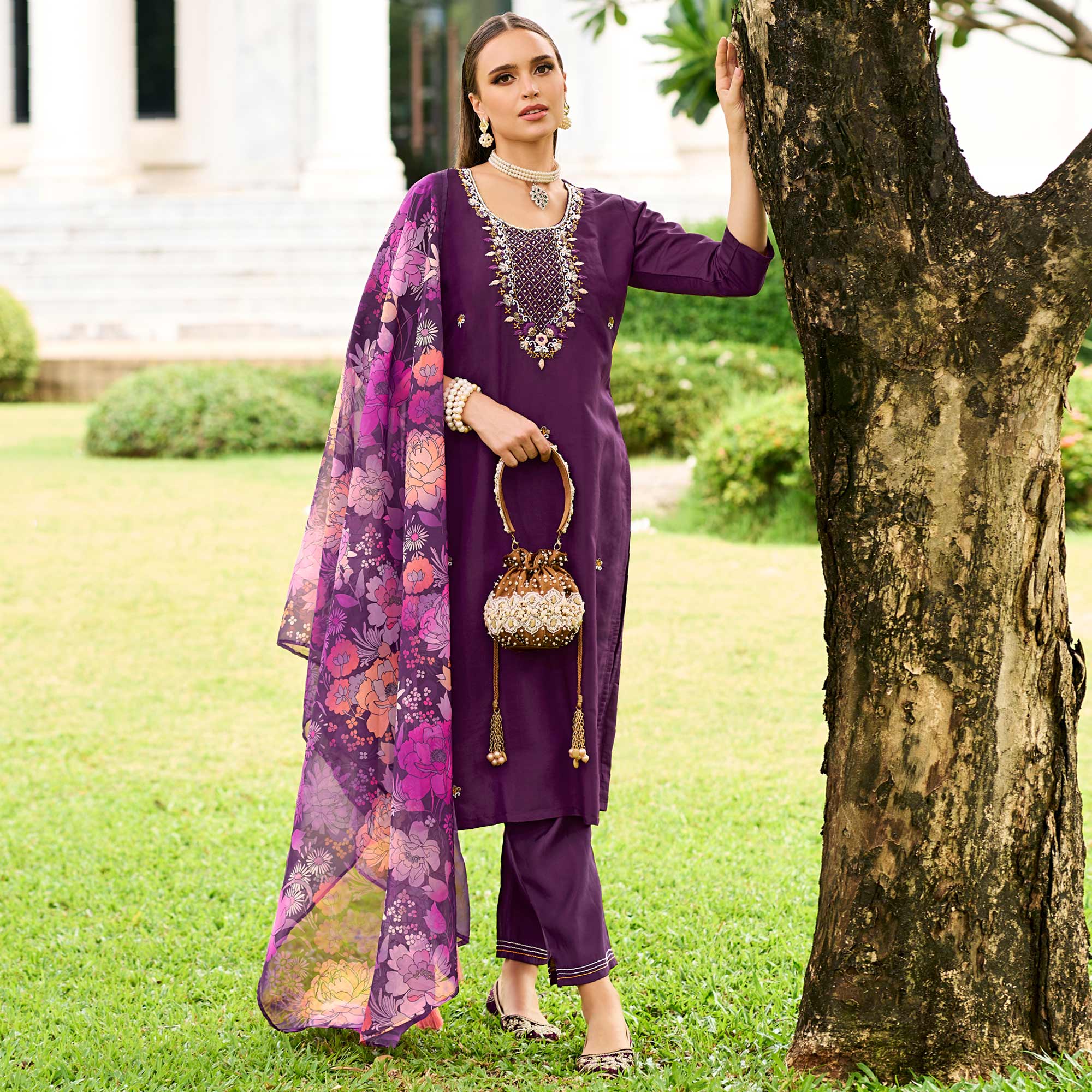 Purple Floral Embroidered Chanderi Silk Suit