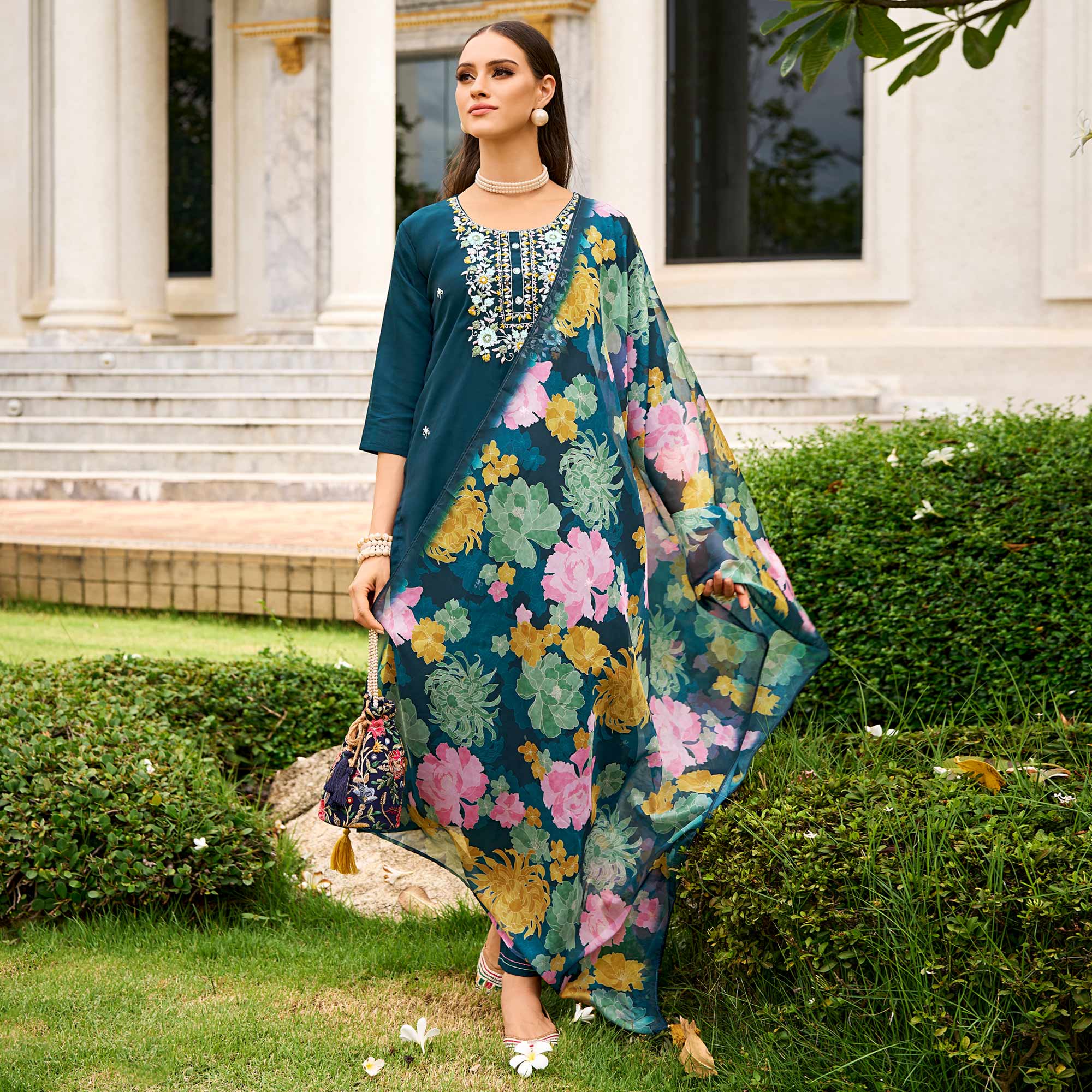 Morpich Floral Embroidered Chanderi Silk Suit