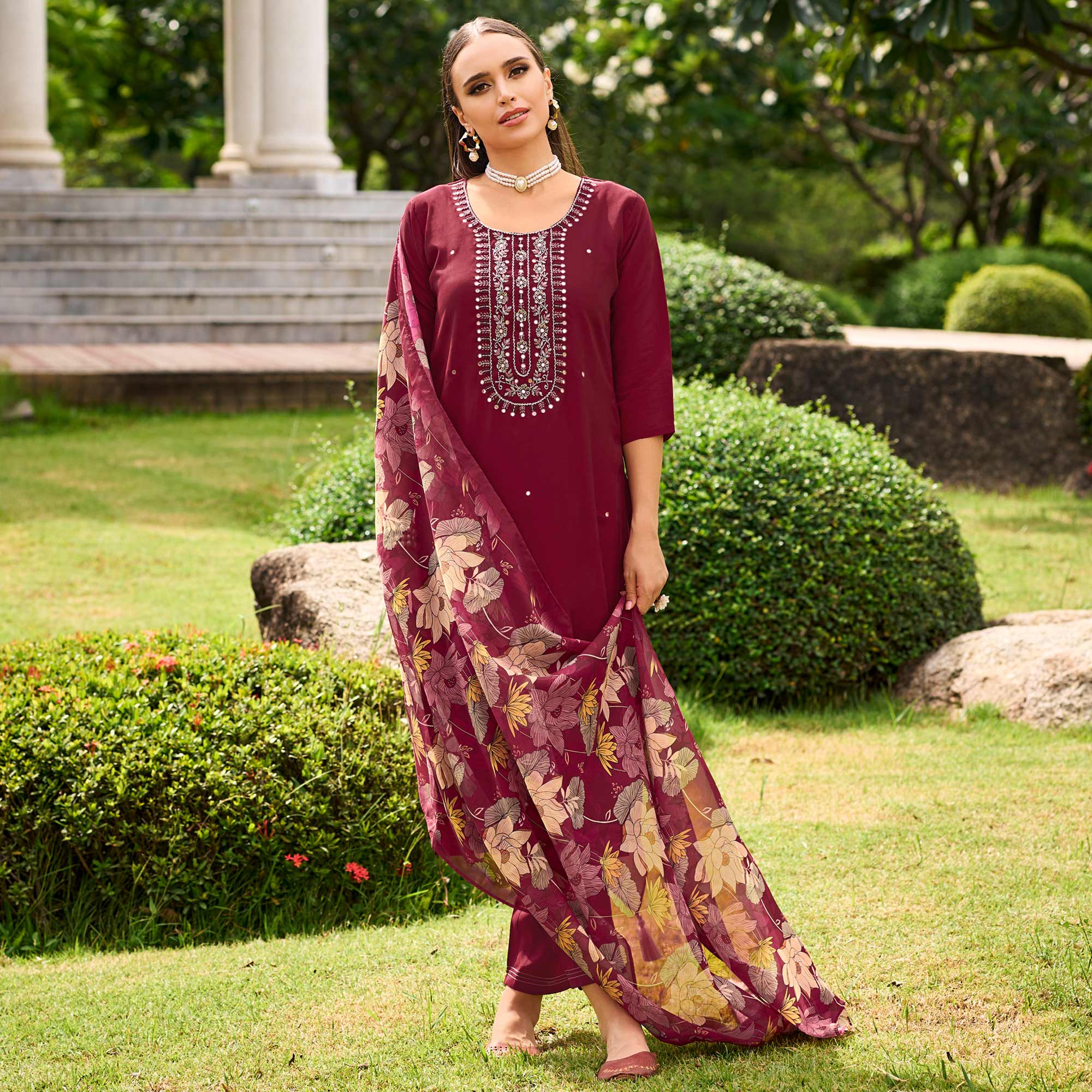 Maroon Floral Embroidered Chanderi Silk Suit