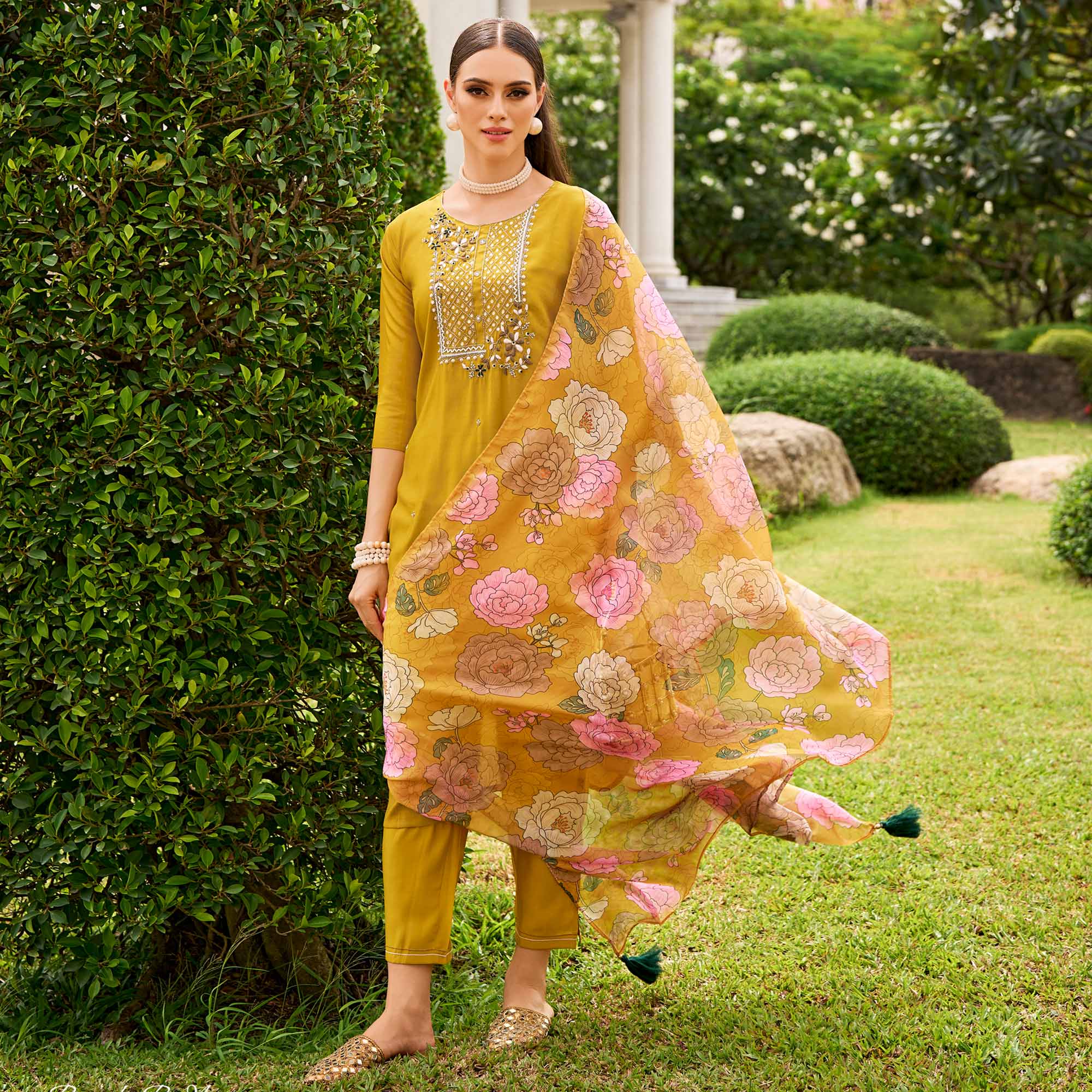 Yellow Floral Embroidered Chanderi Silk Suit