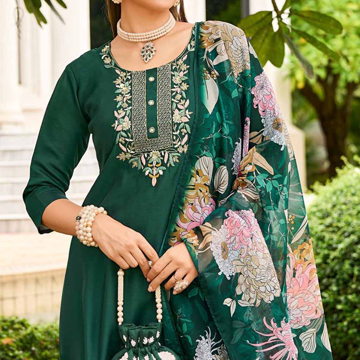 Green Floral Embroidered Chanderi Silk Suit