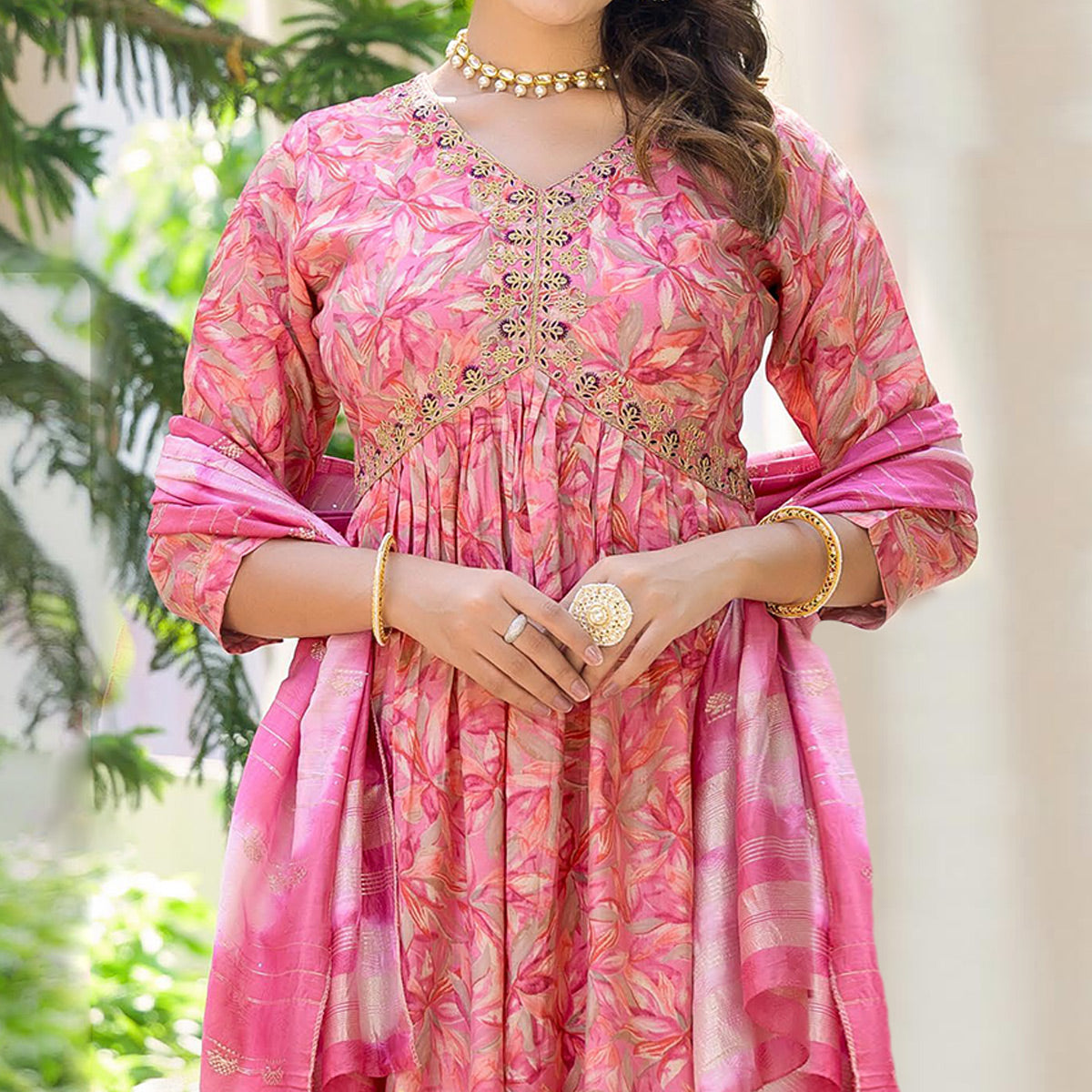 Pink Floral Printed Modal Anarkali Salwar Suit