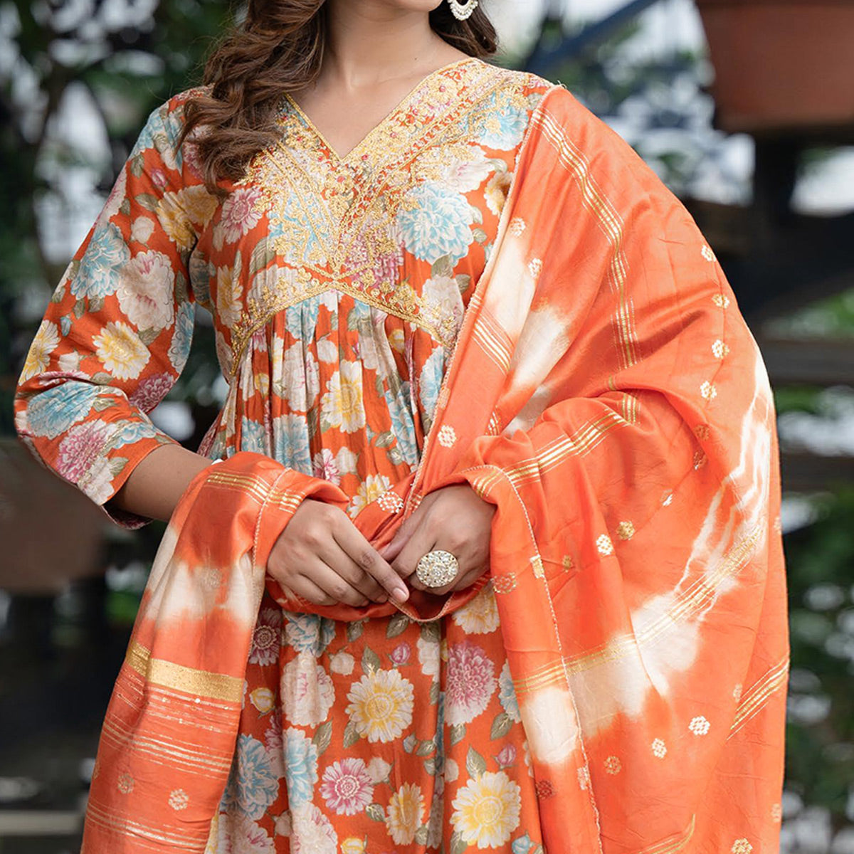Orange Floral Printed Modal Anarkali Salwar Suit