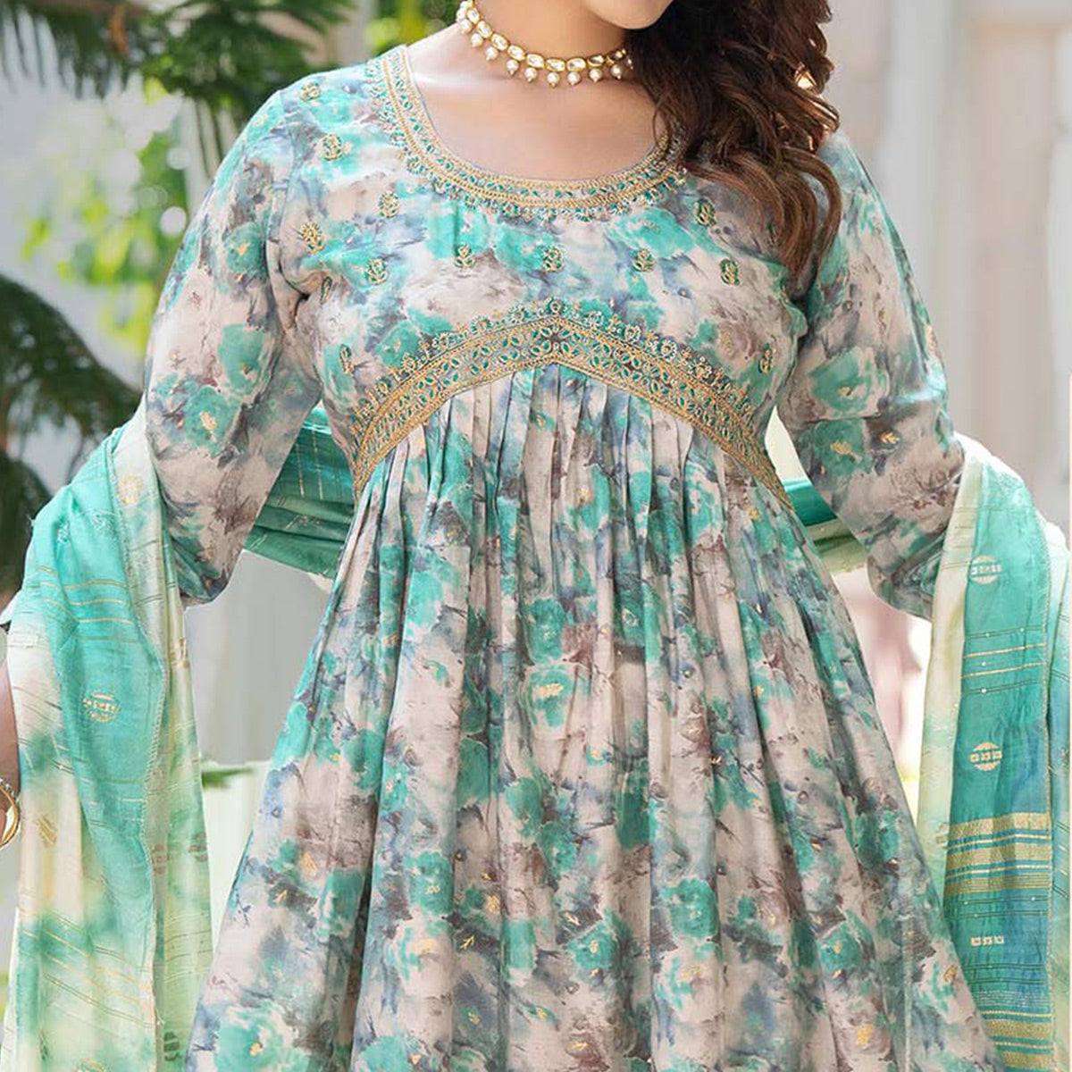 Turquoise Floral Printed Modal Anarkali Salwar Suit