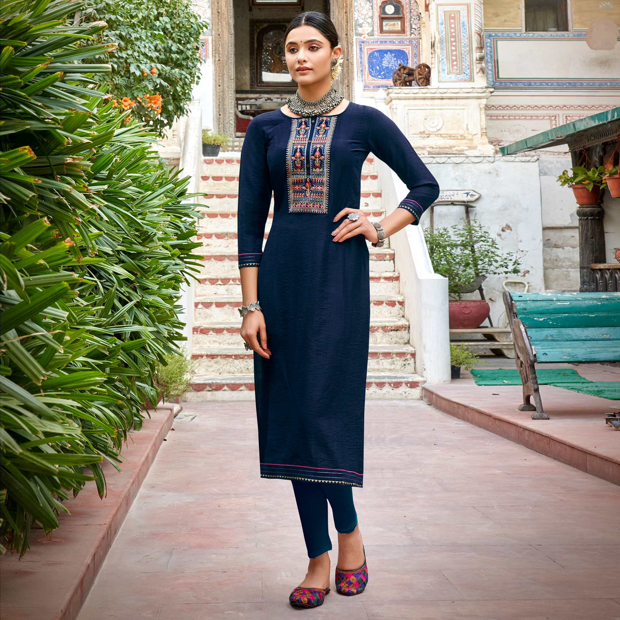 Blue Embroidered Viscose Kurti