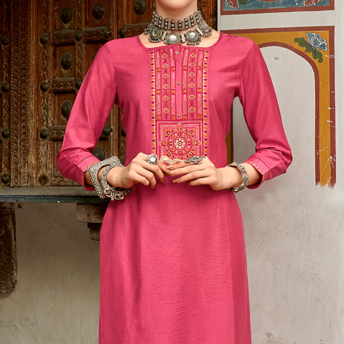 Pink Embroidered Viscose Kurti