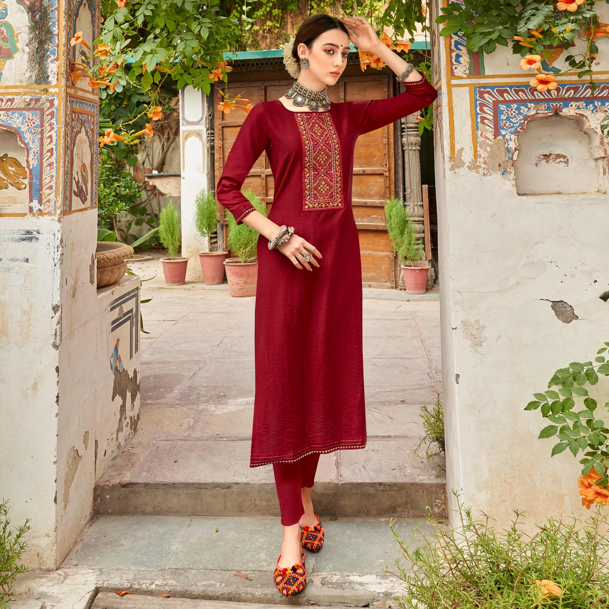 Dark Red Embroidered Viscose Kurti