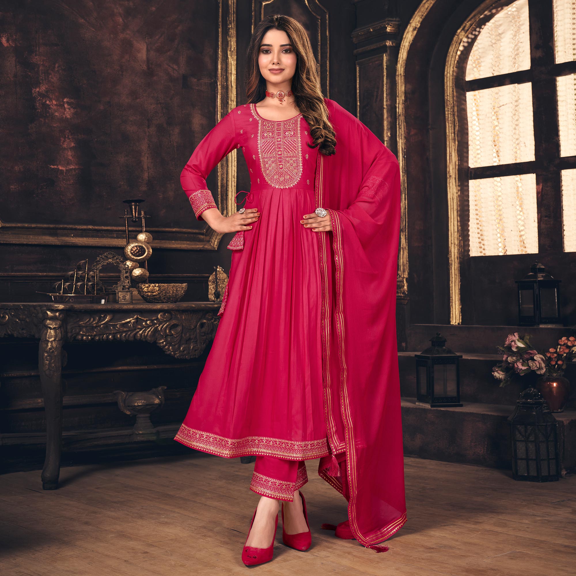 Pink Embroidered Cotton Silk Naira Cut Suit