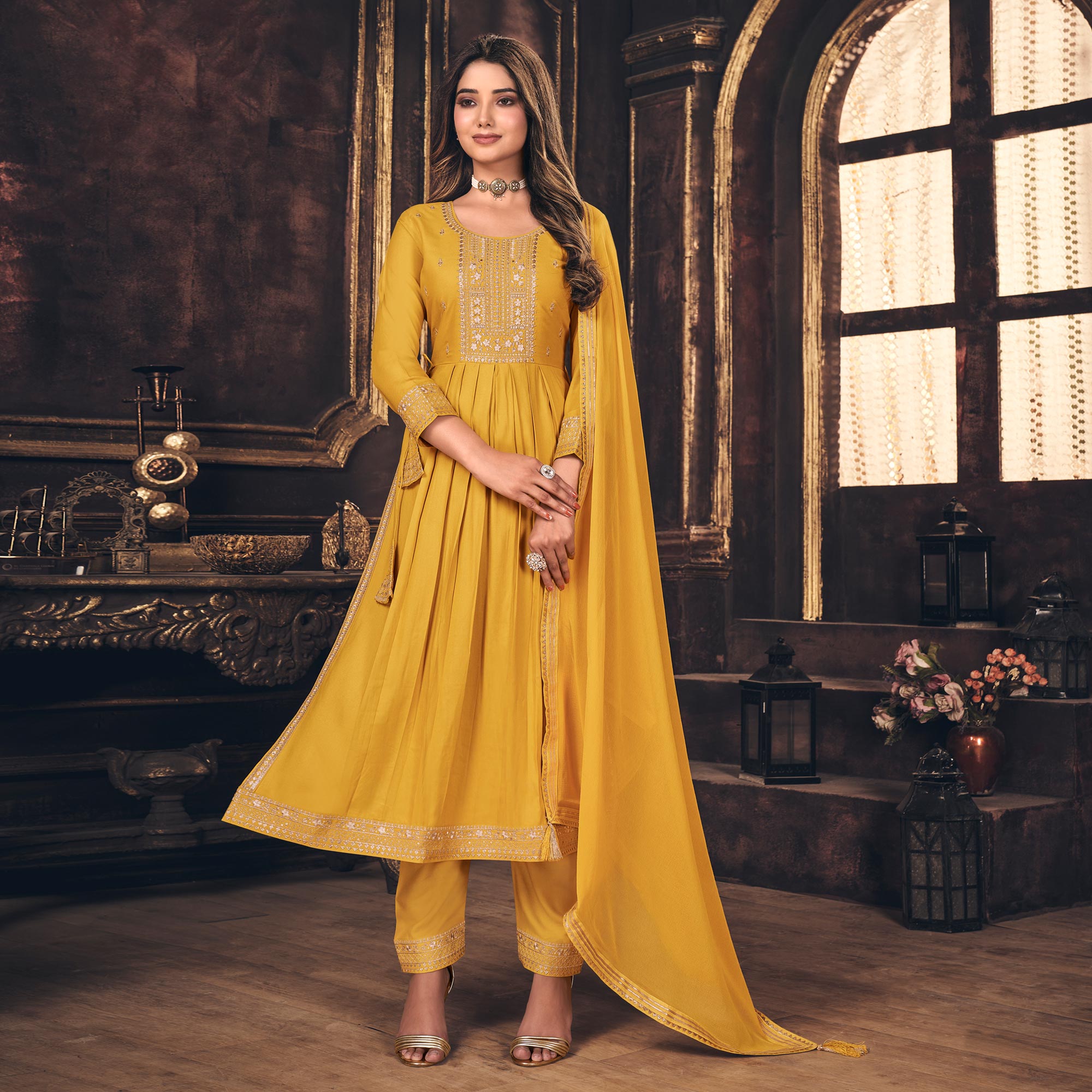 Yellow Embroidered Cotton Silk Naira Cut Suit