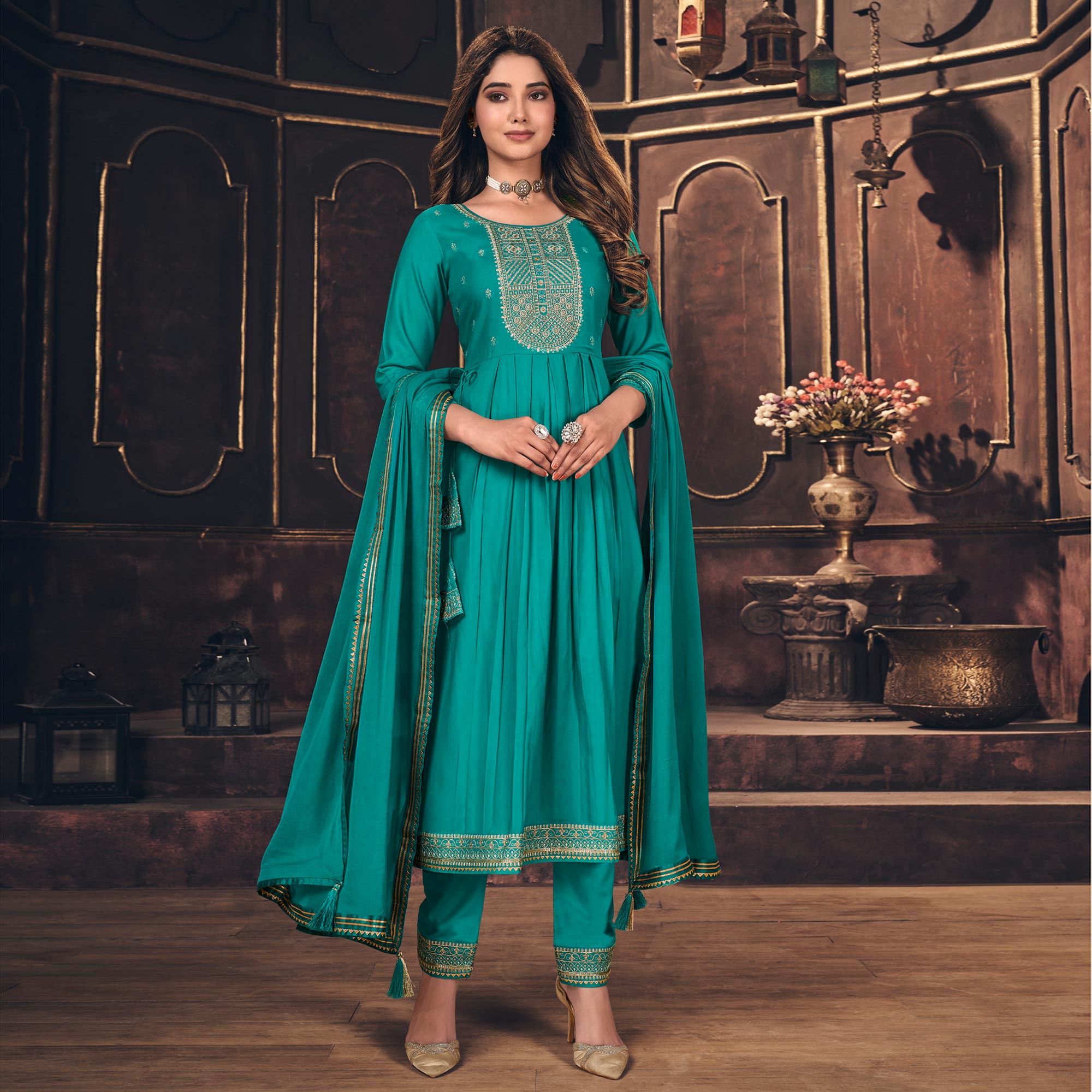 Turquoise Embroidered Cotton Silk Naira Cut Suit