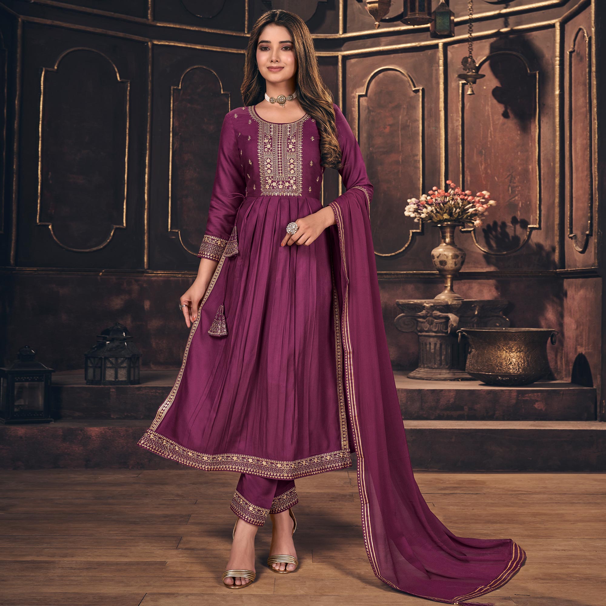 Wine Embroidered Cotton Silk Naira Cut Suit
