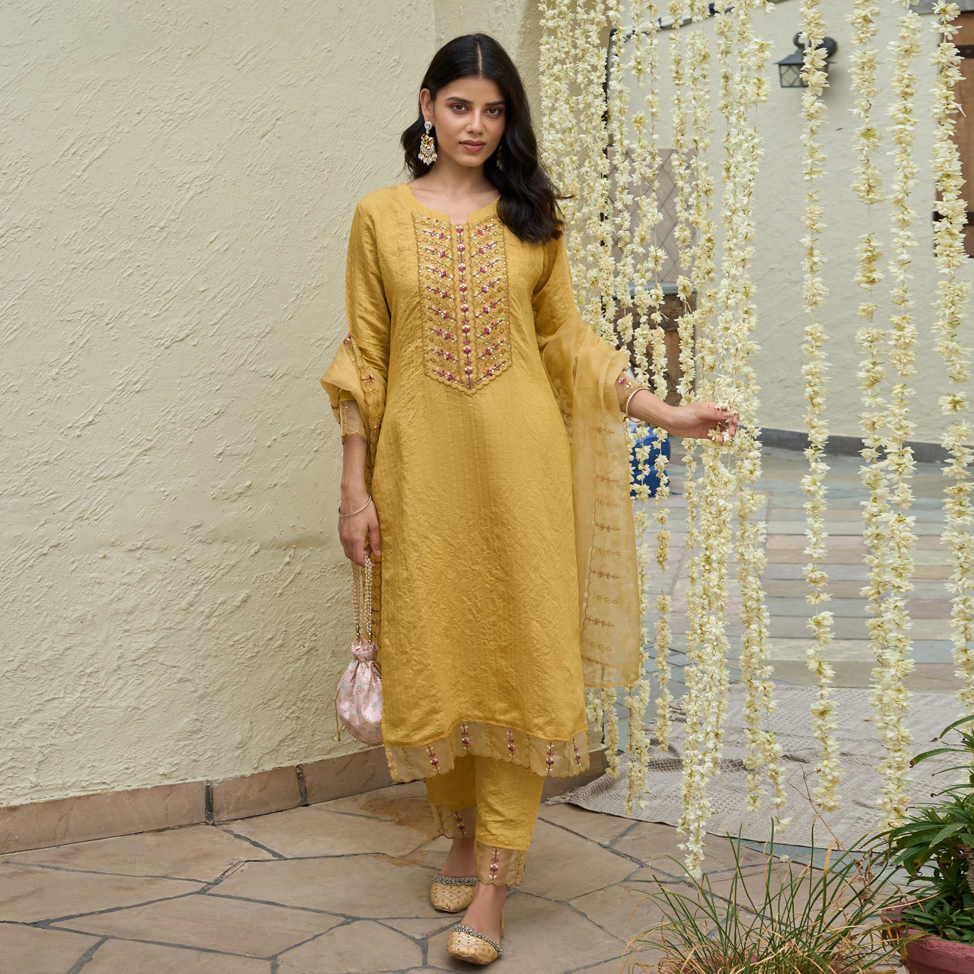 Mustard Floral Embroidered Rayon Salwar Suit