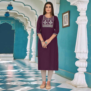 Wine Floral Embroidered Rayon Kurti