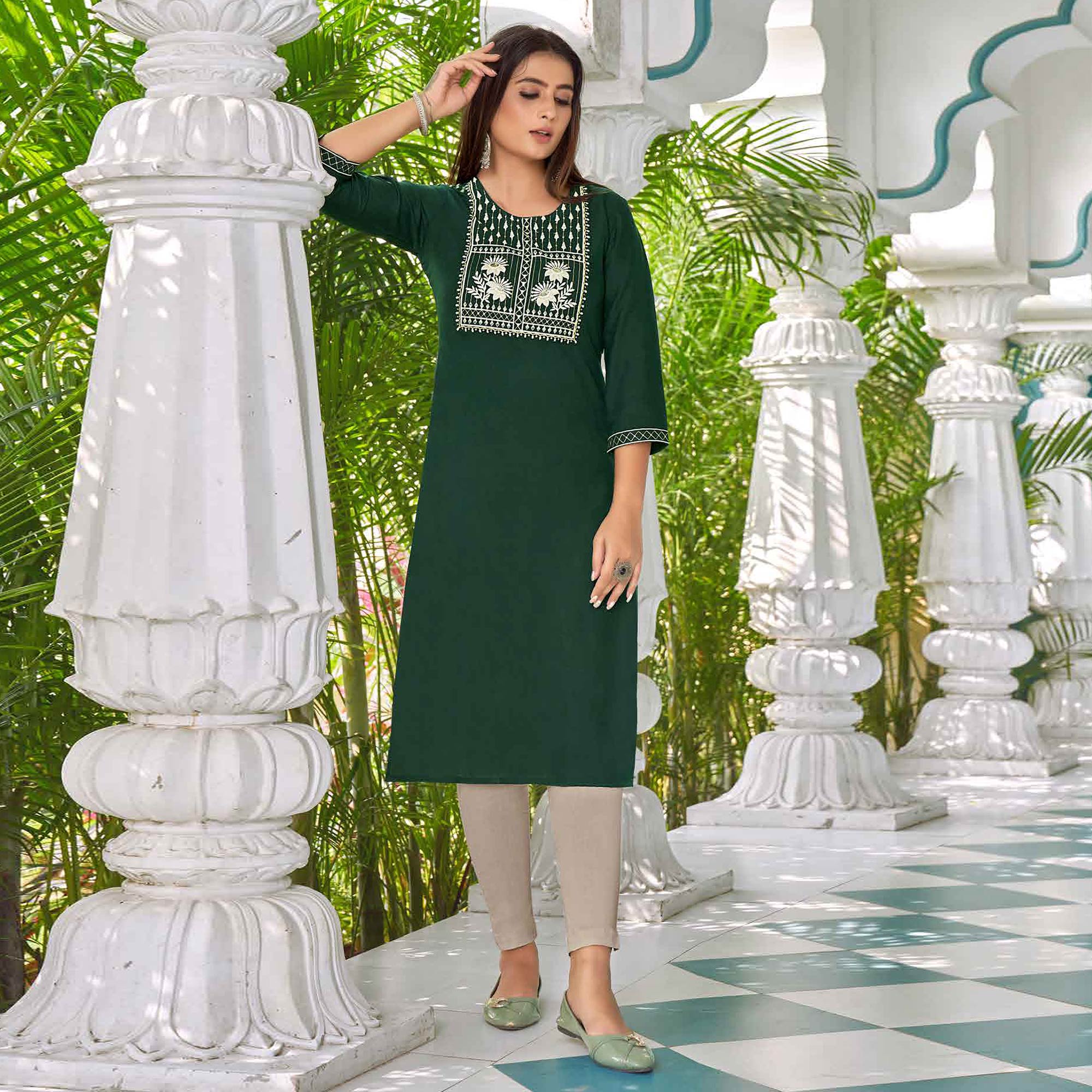 Green Floral Embroidered Rayon Kurti